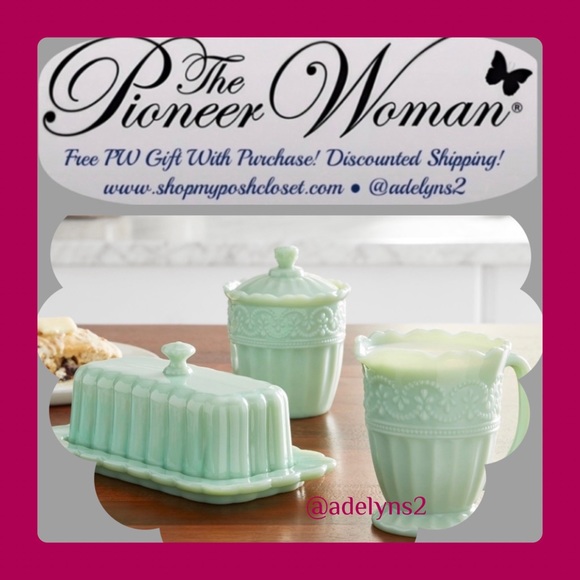 🌺 New Pioneer Woman Jade Sugar, Creamer & Butter Tray Gift Set 3 Pieces - Picture 5 of 7